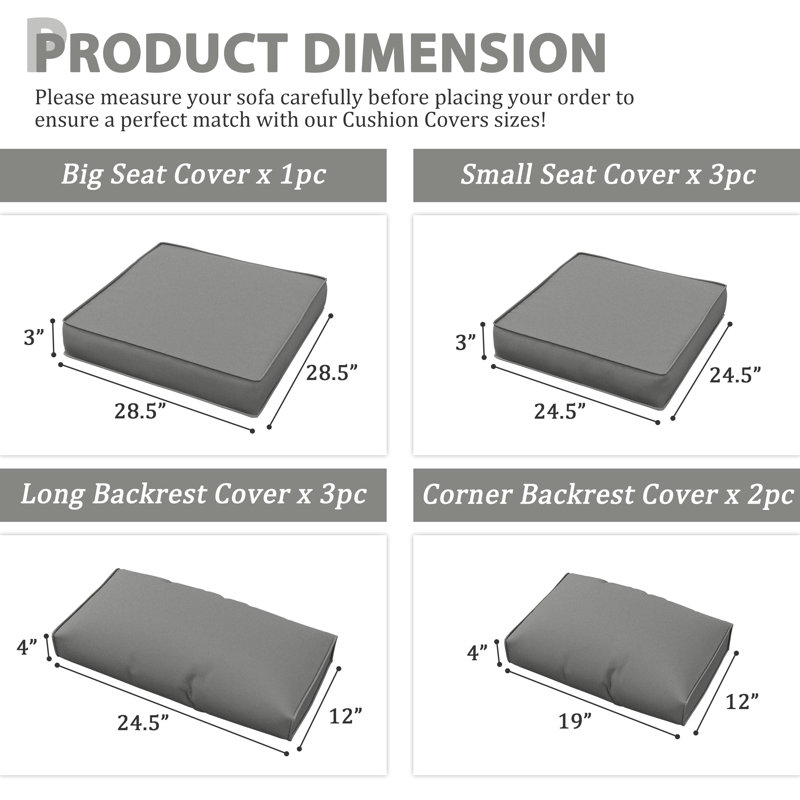 Ensemble de housse de coussin d'extérieur 9 pièces pour coussins d'extérieur et housses de patio 3 "Cartert, Gris clair