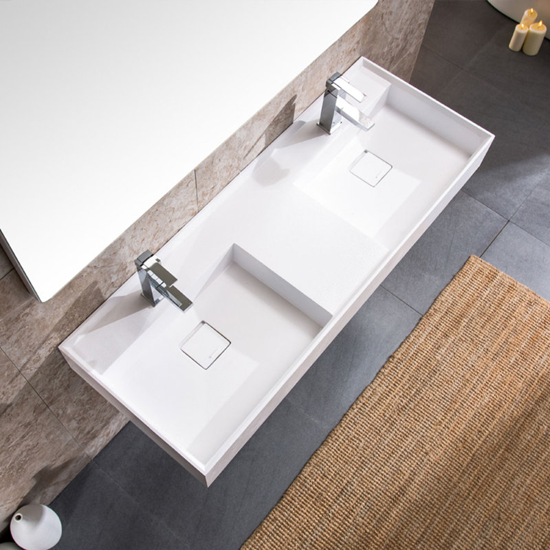 Dowell 48'' White Solid Surface Stone Rectangular Wall Mount Double Bathroom Sink