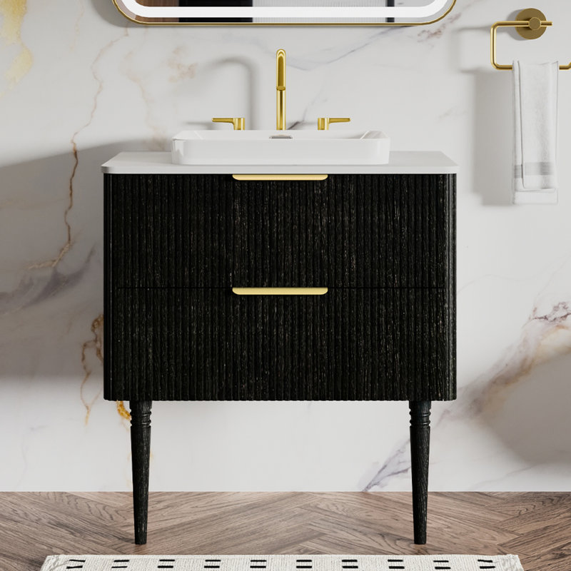 Meuble-lavabo autoportant rayé en chêne noir, qualité E1 pour la résistance à l'eau, tiroirs doubles, pieds en bois massif de style moderne, conception de tiroir, panneaux à fermeture douce