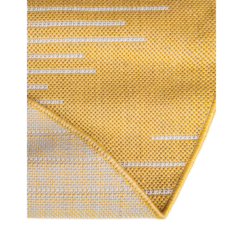 Tapis intérieur / extérieur en polypropylène tissé à la machine marocain en jaune / blanc, Rond 13 pi