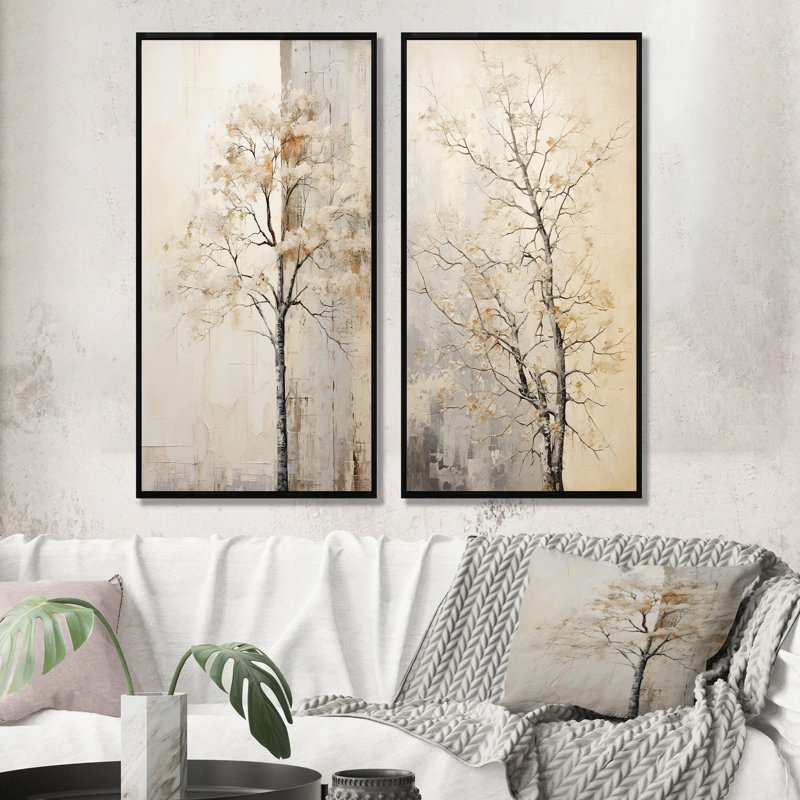 «Beige Trees Oak Solitude», ensemble de 2 impressions sur toile de chêne, H 32 po x l 33 po, Cadre flottant noir