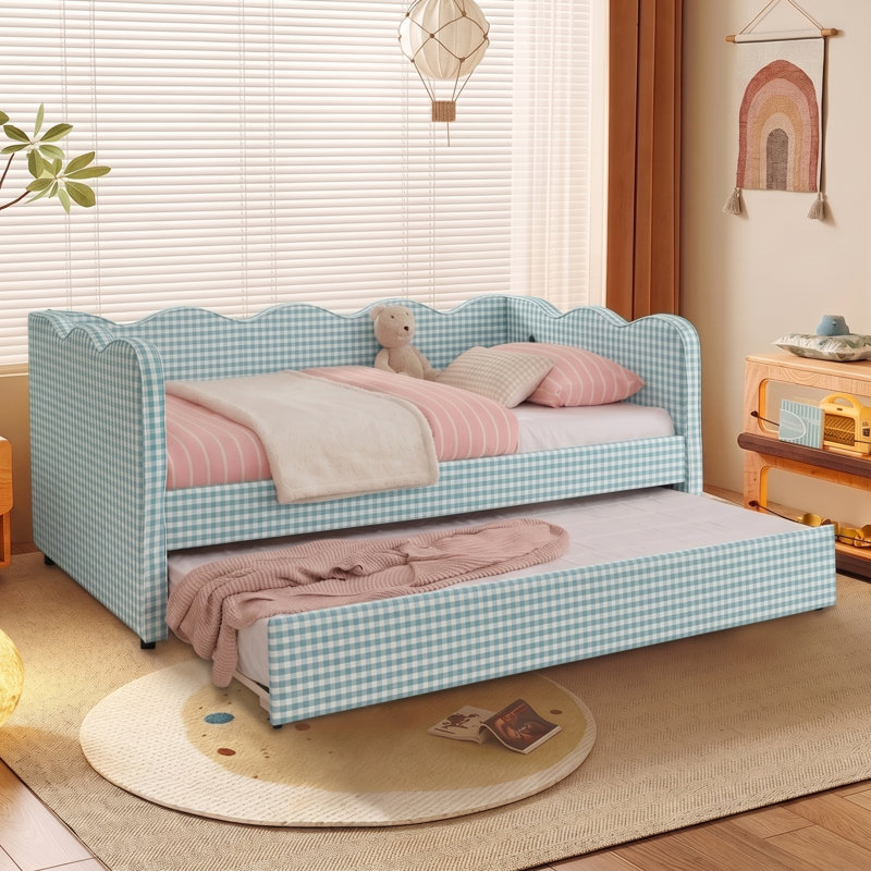 Lit de jour simple rembourré avec lit gigogne escamotable, ports de charge USB et Type-C, structure de canapé en tissu vichy avec support en lattes de bois pour la chambre à coucher, la chambre d'amis et le salon