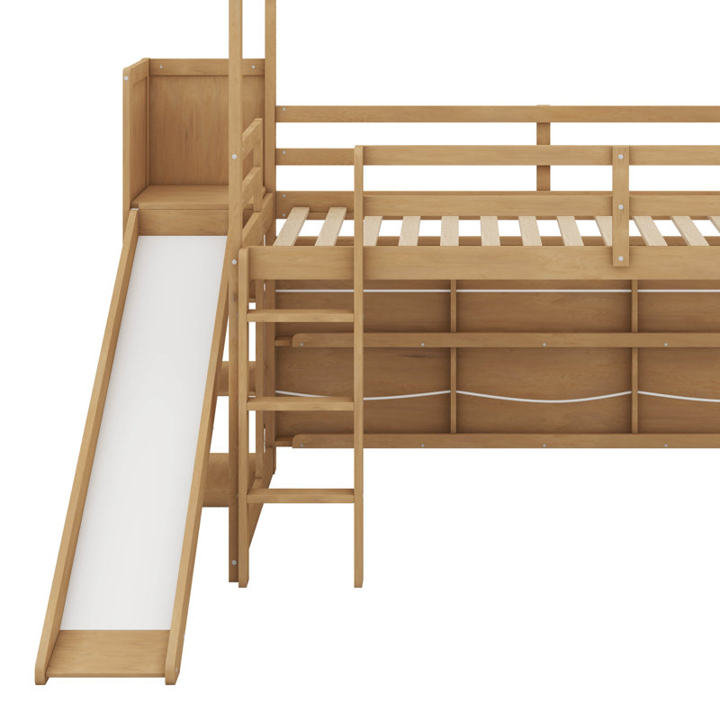 Twin Size  House Loft Bed With Shelves And Light, Natural