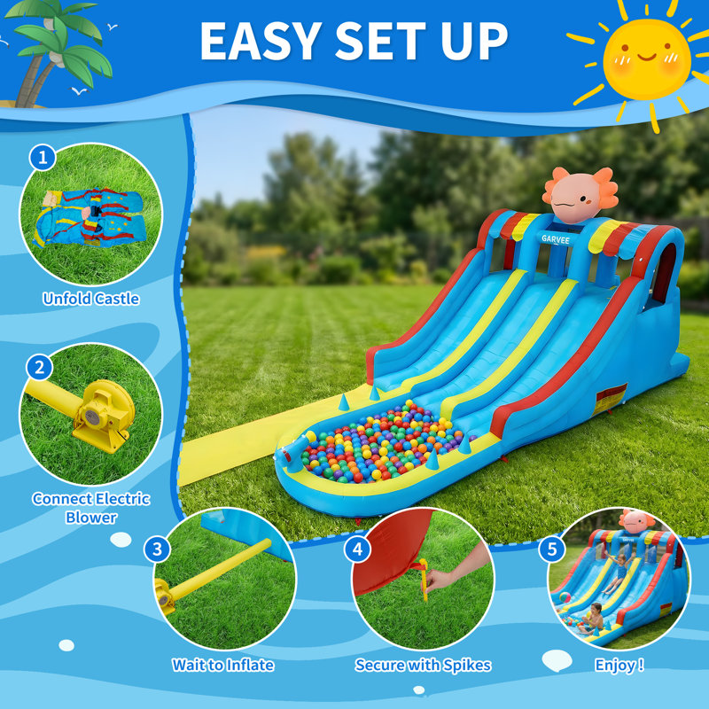 Jeu gonflable pour enfants avec parc aquatique gonflable - glissade double, tapis de jeu long, pataugeoire, Oxford durable, puissant ventilateur - thème hexagonal de dragon, norme américaine