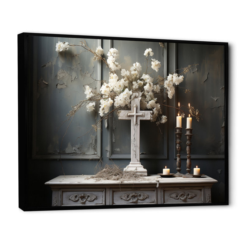 Croix religieuse, silence transcendant, H 12 po x l 20 po x P 1 po, Cadre flottant noir