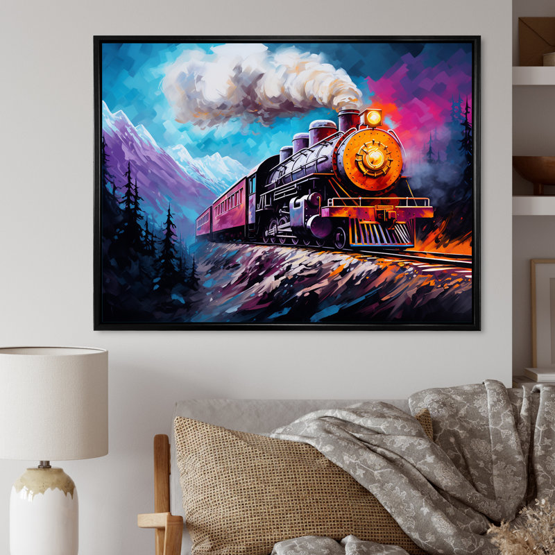 Steamtrain Travelling In Winter Snow, reproduction d'art sur toile, H 16 po x l 32 po x P 1 po, Cadre flottant noir