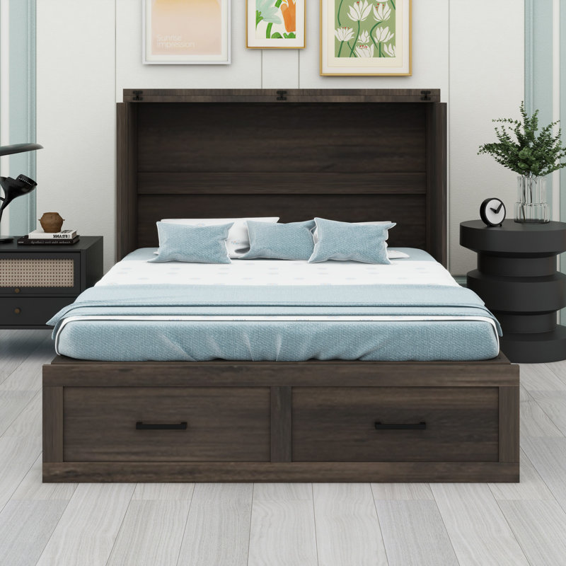 Lit escamotable avec lit plateforme escamotable et grand tiroir de rangement Murphy, Gris rustique, Grand