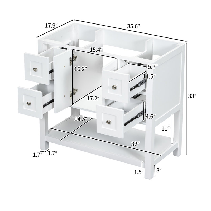 Armoire de salle de bain de style moderne 36 po, structure en bois massif, 4 tiroirs et 2 portes, espace de rangement spacieux