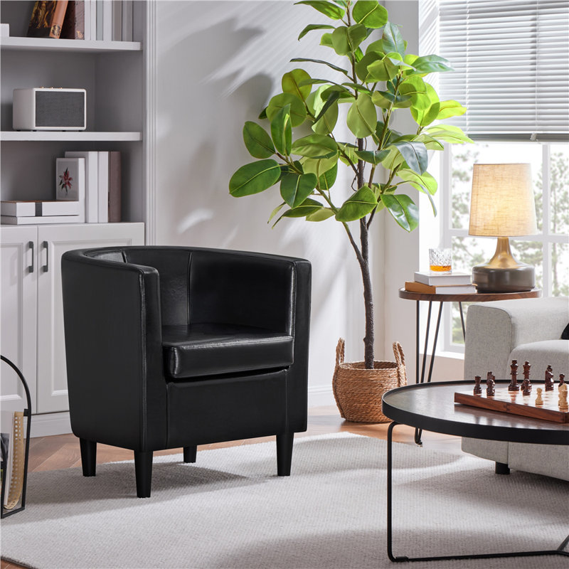 Faux Leather Barrel Chair, Upholstered Accent Chair, Black