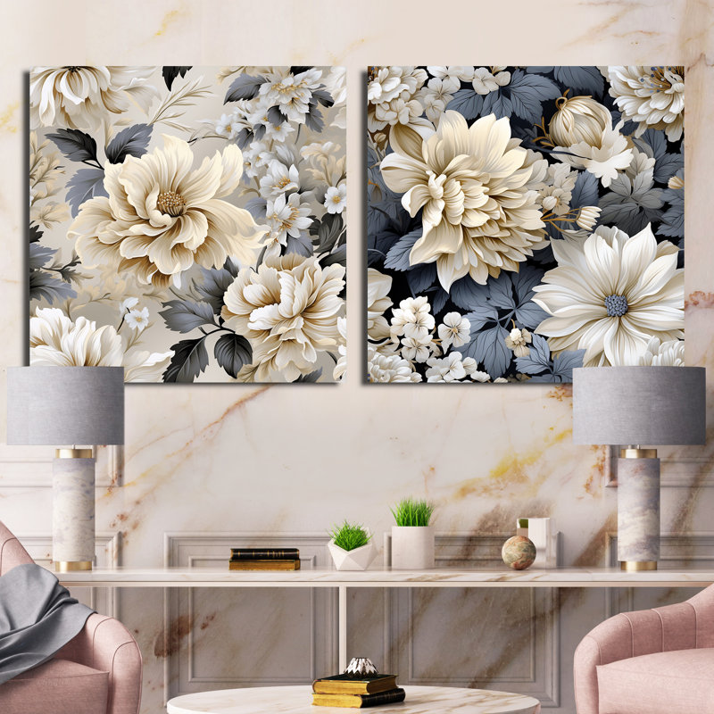 Shelbie - Ensemble de 2 collages floraux carrés, H 36 po x l 73 po, Toile tendue