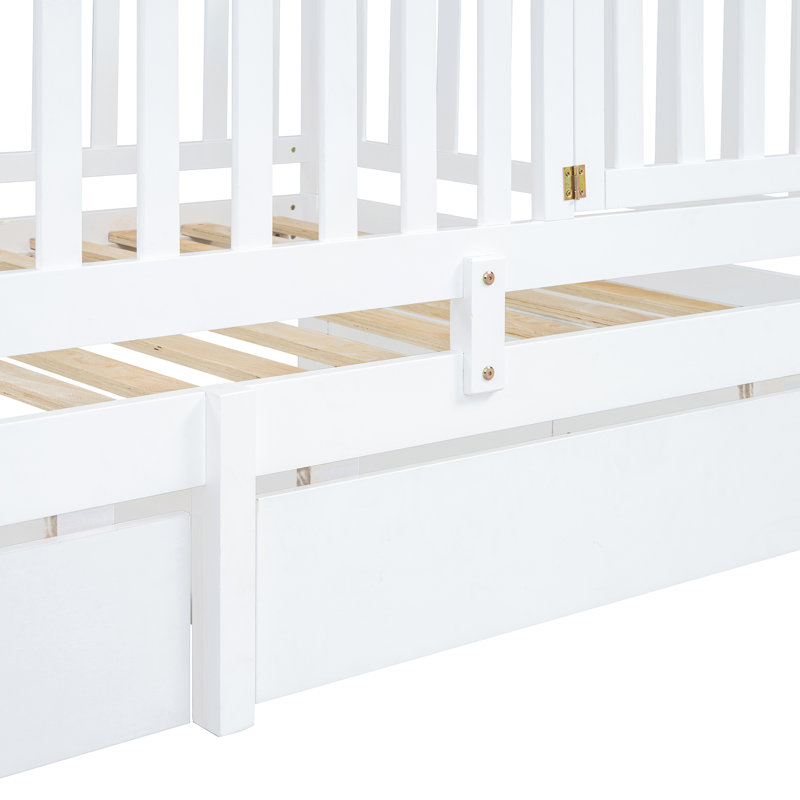 Lit de jour simple blanc avec garde-corps et tiroirs, plateforme de couchage Comfort and Fonction 2 blanc