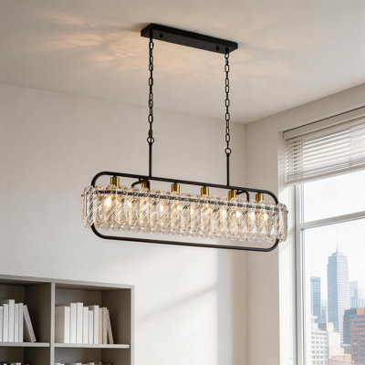 40" Linear Black & Gold Island Light - Outer Frame Textured Crystal Border, New Pattern! 6-Light Adjustable For Sloped Ceilings