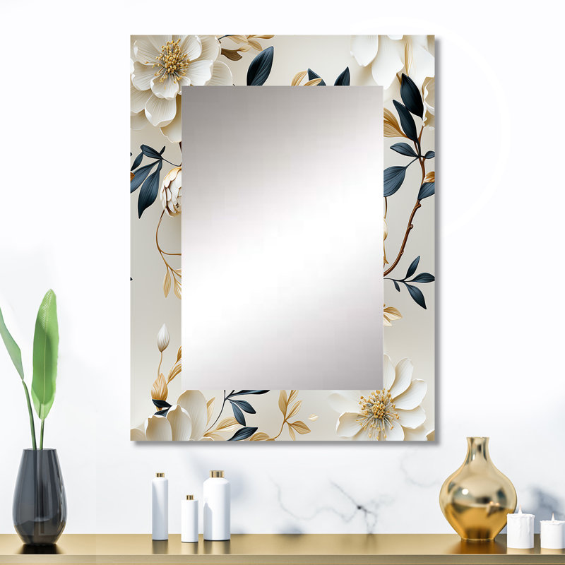 White Elegance Minimalist Floral - miroir floral, miroir mural décoratif floral, impression d'art en métal, 32 po x 24 po