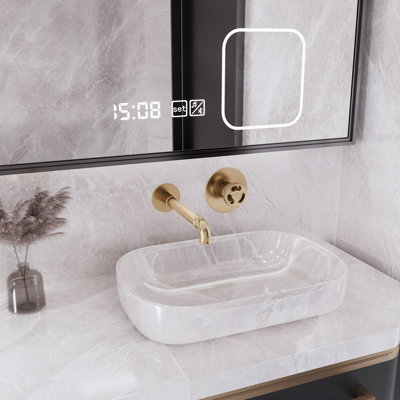 Robinet de lavabo mural à 2 trous et poignée unique, en laiton massif doré brossé avec valve d'encastrement, débit d'eau de 1,2 GPM (4,5 l/min).