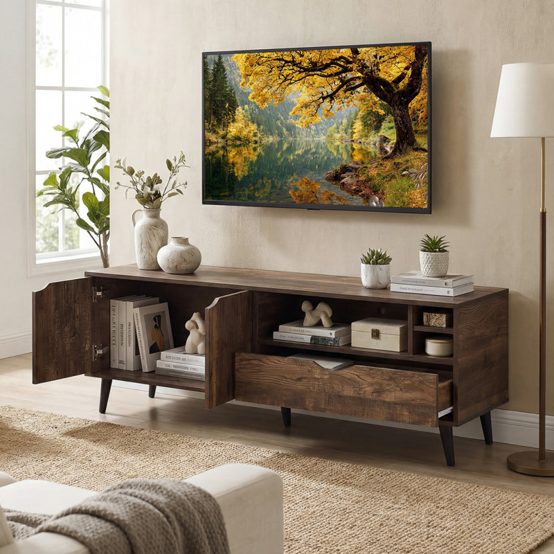 Meuble télé pour téléviseur de 65 po ou moins, centre de divertissement avec armoire de rangement, tiroir brun