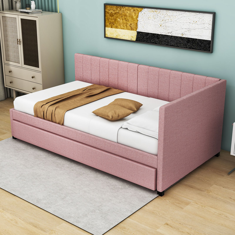Yasmir Upholstered Sofa Daybed with Trundle, Twin, Pink