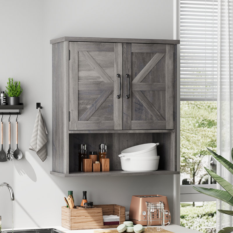 Armoire de salle de bain murale avec rangement au-dessus des toilettes avec deux portes et tablettes, gris, Gris
