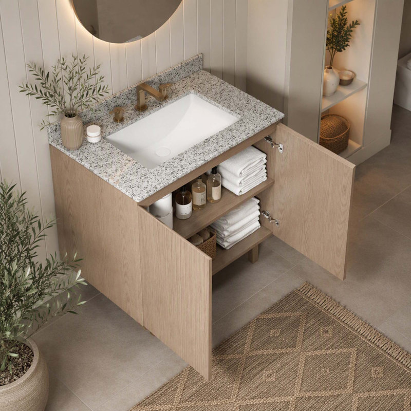 Meuble-lavabo 30 po, meuble autoportant, comptoir en granit naturel et lavabo en céramique avec 3 trous de robinet pré-percés, démonté, sans robinet, ensemble de drain et couvercle d'évier, couleur grain de bois Heidelberg