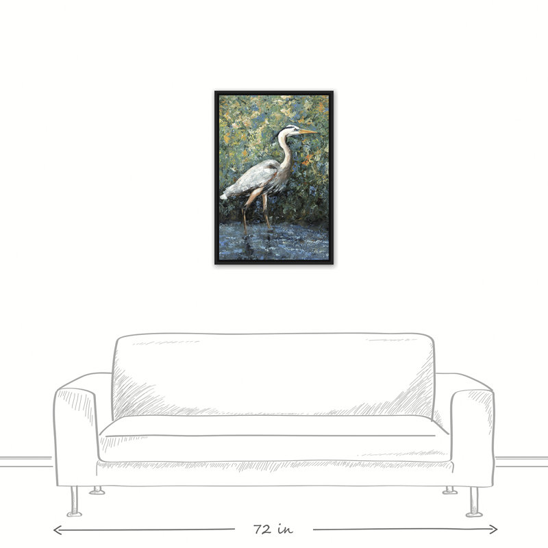« héron », impression sur toile tendue, H 30 po x l 20 po, Cadre noir