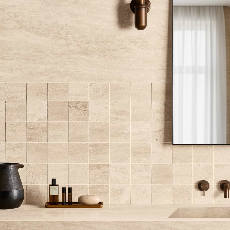 Travertine 4x4 Filled Brushed Vein Cut Tile, Ivory Brushed