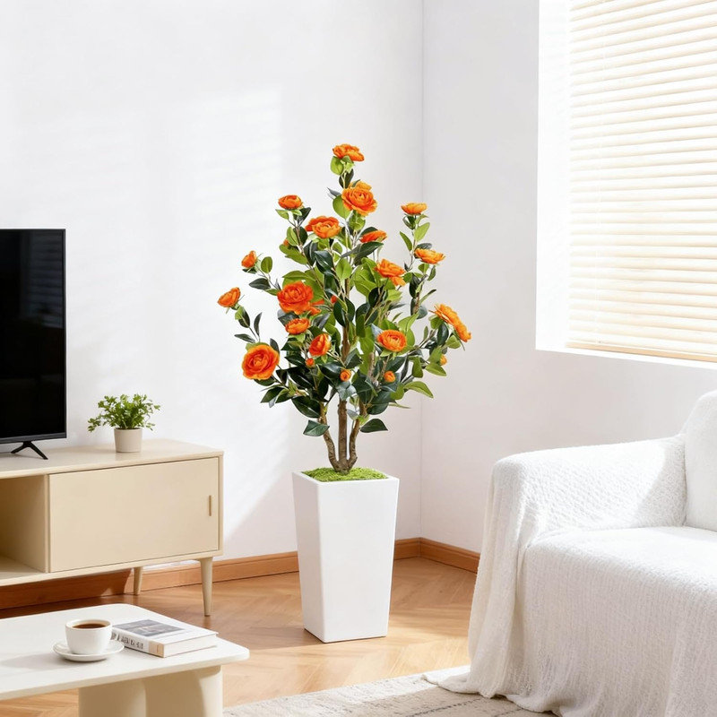 Camélia artificiel 4 pi avec fleurs d'automne orange / rouge en pot pour décoration intérieure / extérieure, Orange