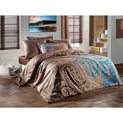 Ensemble de housse de courtepointe luxueuse en satin 100% coton, brun et bleu, pour couette 78,7 po x 86,6 po, drap plat 94,5 po x 102,4 po, comprend 2 taies d'oreiller de 19,7 po x 27,6 po et de 2 po x 27,6 po x 27,6 po | Lavable à la machine, conception élégante