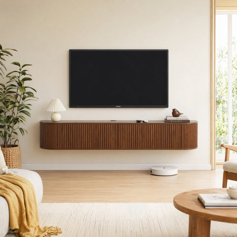 Meuble télé mural flottant avec portes cannelées, centre de divertissement moderne avec rangement, 70.9, Walnut