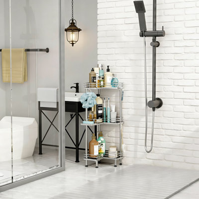 Serviteur de douche debout en coin - Organisateur de tablettes de douche antirouille à 3 niveaux avec porte-savon et 4 crochets pour le rangement de la salle de bain
