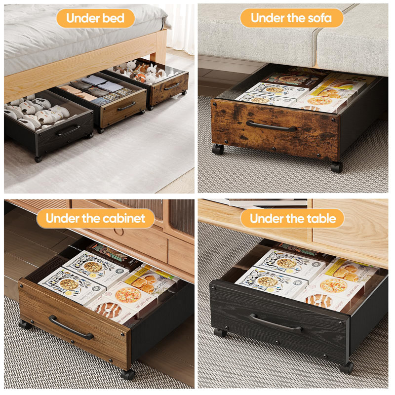 17 Stories Iron Underbed Storage, Walnut Brown