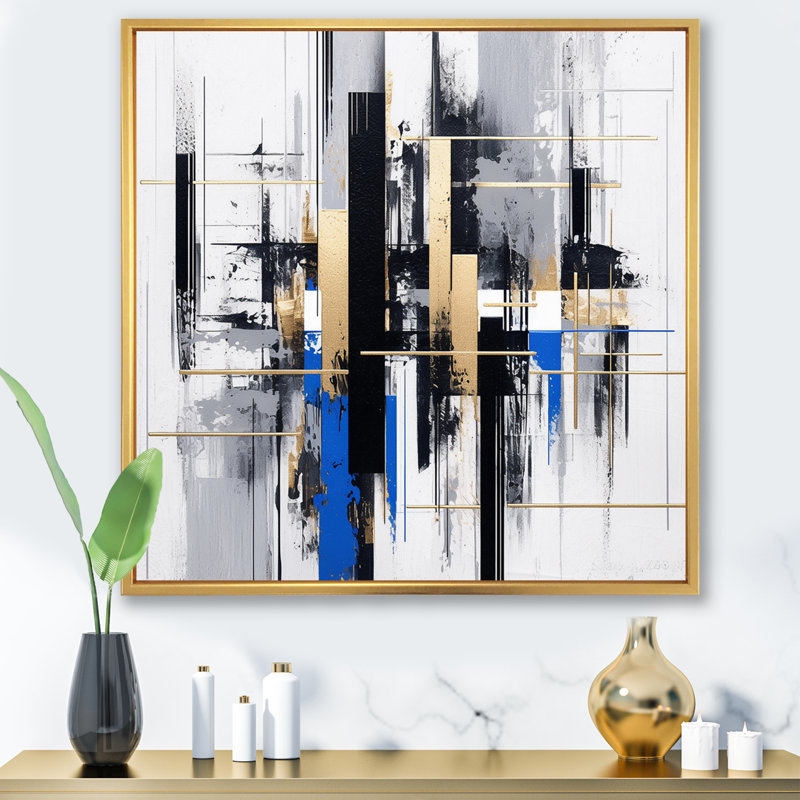 Rayures bleues et dorées II, H 16 po x l 16 po x P 1 po, Cadre flottant doré