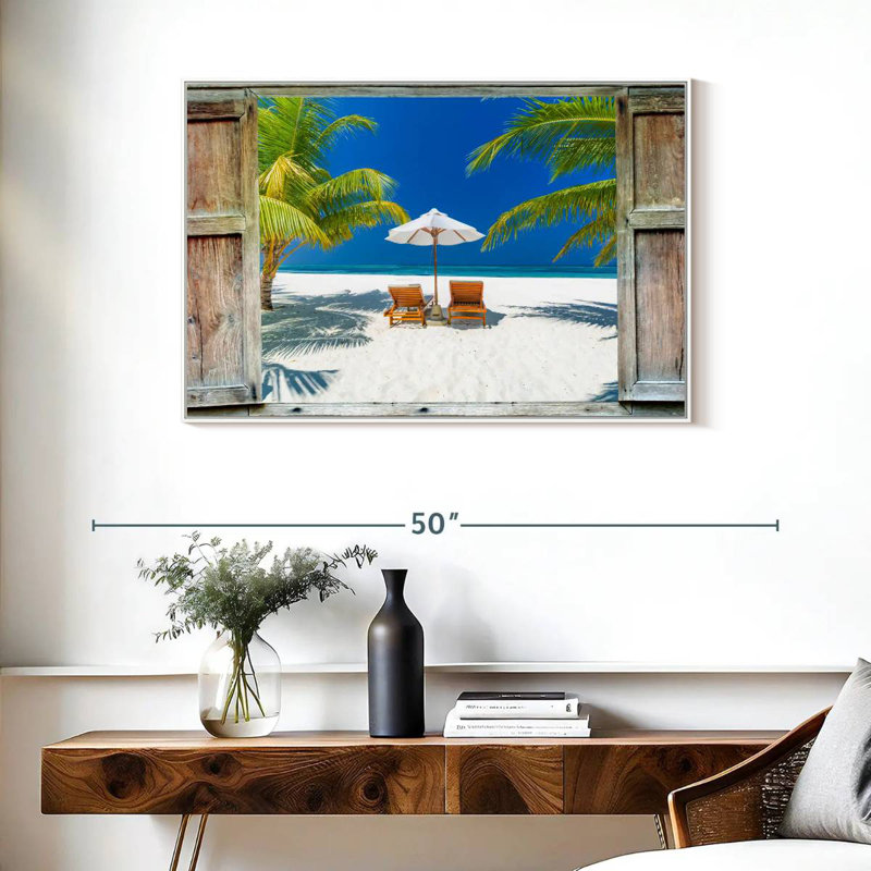 Fenêtre sur la côte des Maldives, Cadre flottant blanc, 37 po x 25 po