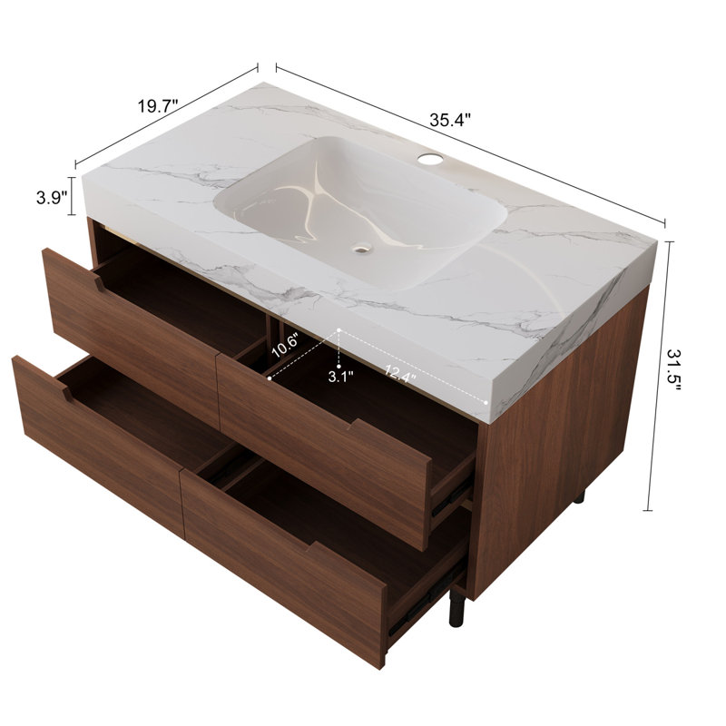 Meuble-lavabo moderne de 35,4 po avec lavabo sous-comptoir et 4 tiroirs à fermeture en douceur