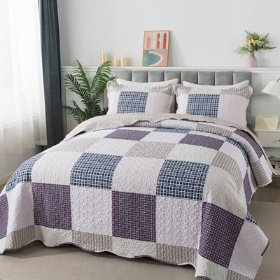 HoneiLife Queen Size Blended Fabric Reversible Jane‑Eyre White Print Quilt Bedding Set with Pillow Shams