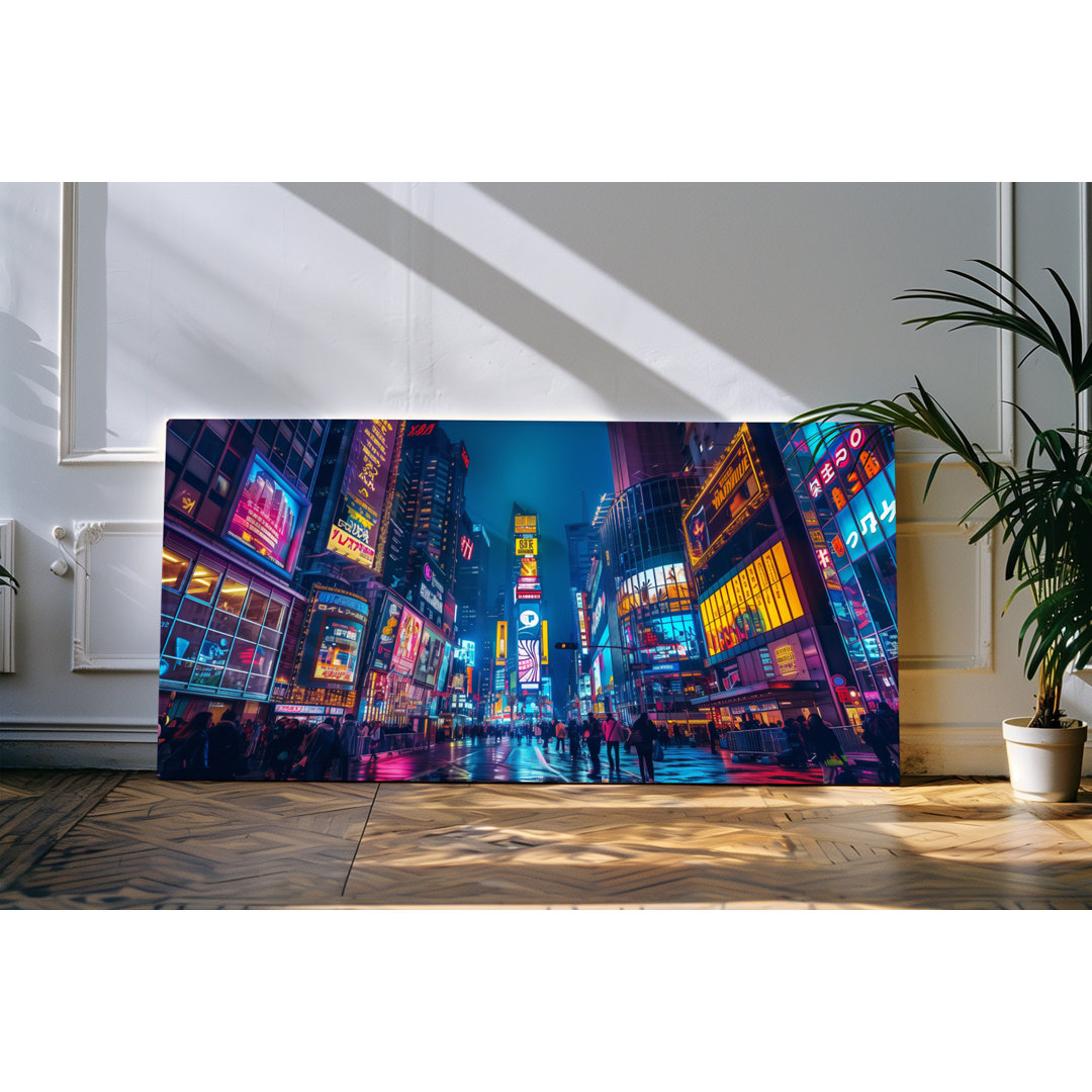 Bilder auf Leinwand 120x60cm Großstadt bei Nacht Straße Neonlichter Wolkenkratzer