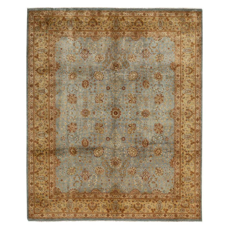 Hand Knotted Wool Area Rug in Light Blue And Gold