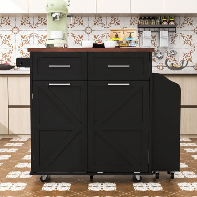 Rolling Kitchen Island with Drop Leaf, Tilt Trash Cabinet, Adjustable Shelves and Removable Side Rack