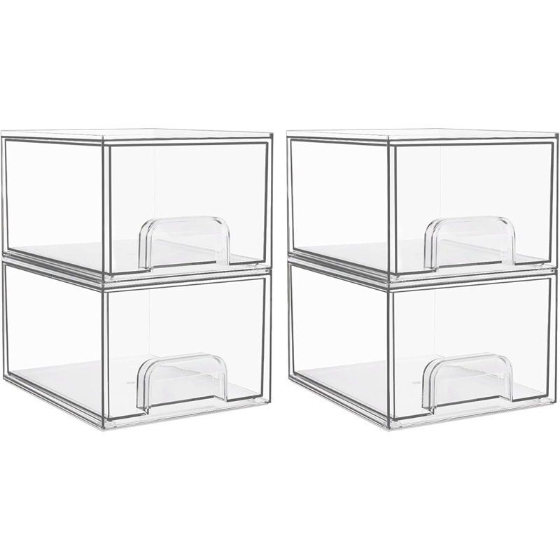 4 Pack Clear Stackable Storage Drawers, 4.4'' Tall Acrylic Bathroom Makeup Organizer,Plastic Storage Bins For Vanity, Undersink, Kitchen Cabinets, Pantry, Home Organization