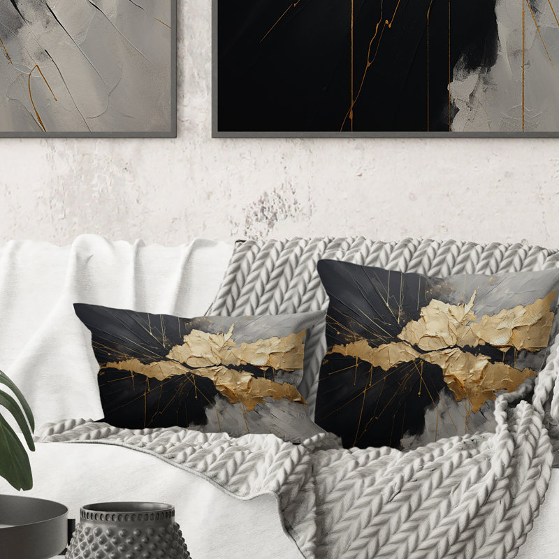 Coussin décoratif noir et or abstrait I, Carré 16 po