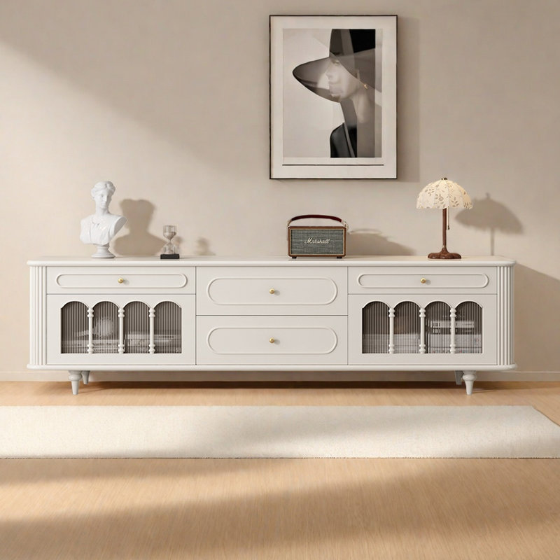 Meuble télé style rétro en buis français, H 27,95 po x L 78,74 po x l 15,75 po, Crème, crème