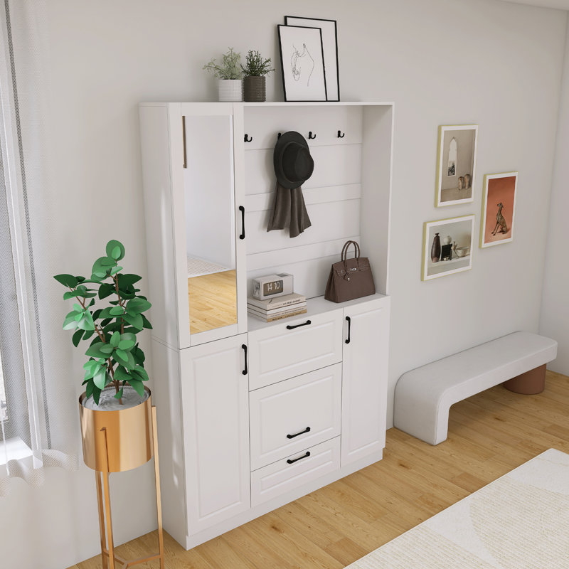 Entryway Bench With Integrated Shoe Cabinet , 3-In-1 Design And Mirrored Cabinet Door, Hall Tree With 4 Sturdy Hooks And Foldable Seat