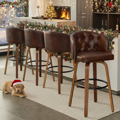 Swivel Bar Stool With Curved Wood Legs, Upholstered Tufted Back, And Nailhead Trim