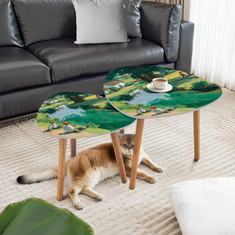 Ensemble de 2 tables basses gigognes triangulaires, paysage de rivière, peinture à l'huile, table de bout, table d'appoint moderne minimaliste pour salon, chambre à coucher
