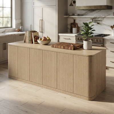 110" W Light Oak Kitchen Island with 6 Cabinets Curved Edges