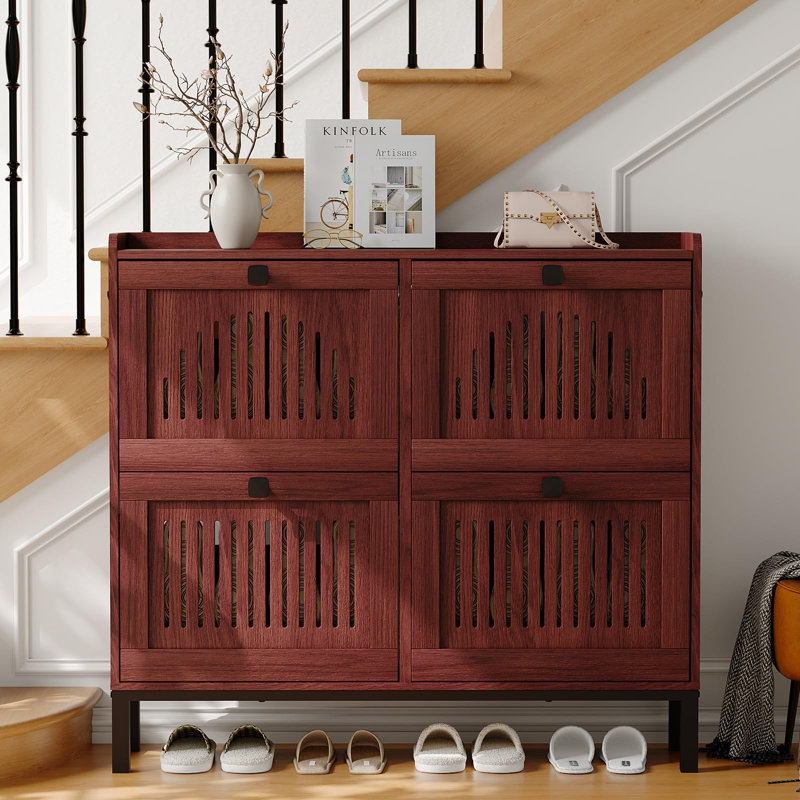 Space-Saving 4 Turn over Drawer Shoe Storage Cabinet – Adjustable Shelves, Hidden Organizer, Anti-Tipping Freestanding Wooden Shoe Rack, Walnut Finish
