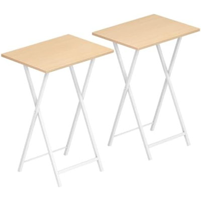 Tables pliantes avec plateau télé, ensemble de 2 tables d'appoint pour petits espaces, tables de collations industrielles pour manger au canapé, structure en métal stable, assemblage facile, économie d'espace, naturel et blanc