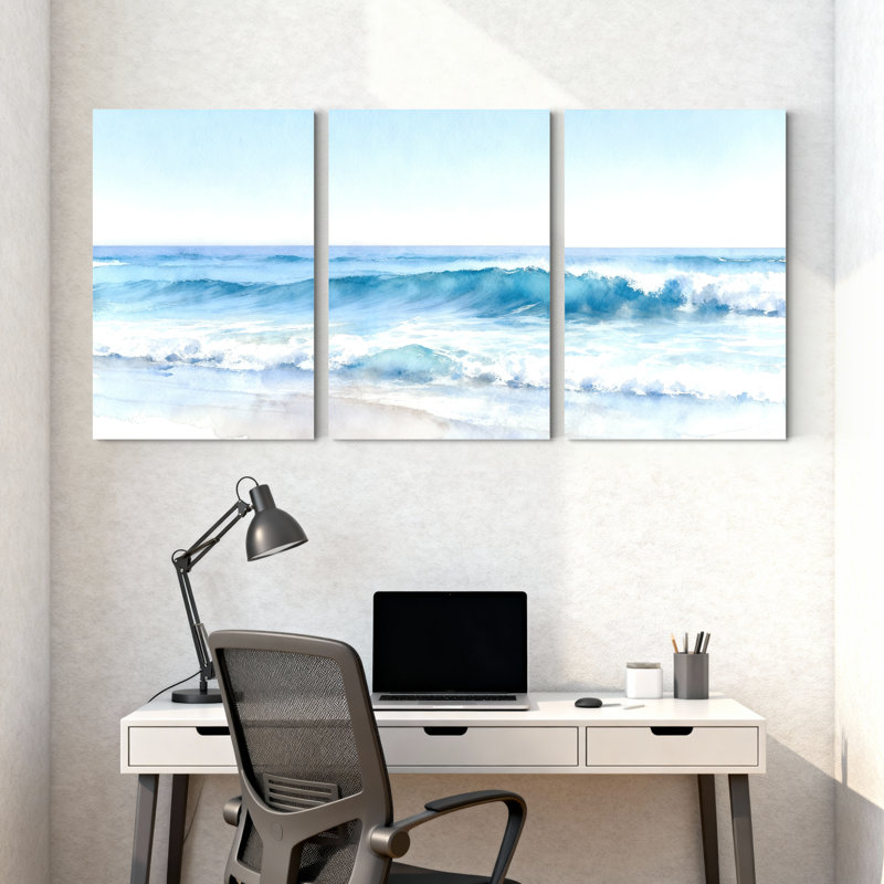 Hiver forêt océan vagues plage ciel eau ensemble de 3 impressions sur toile, H 18 po x l 36 po