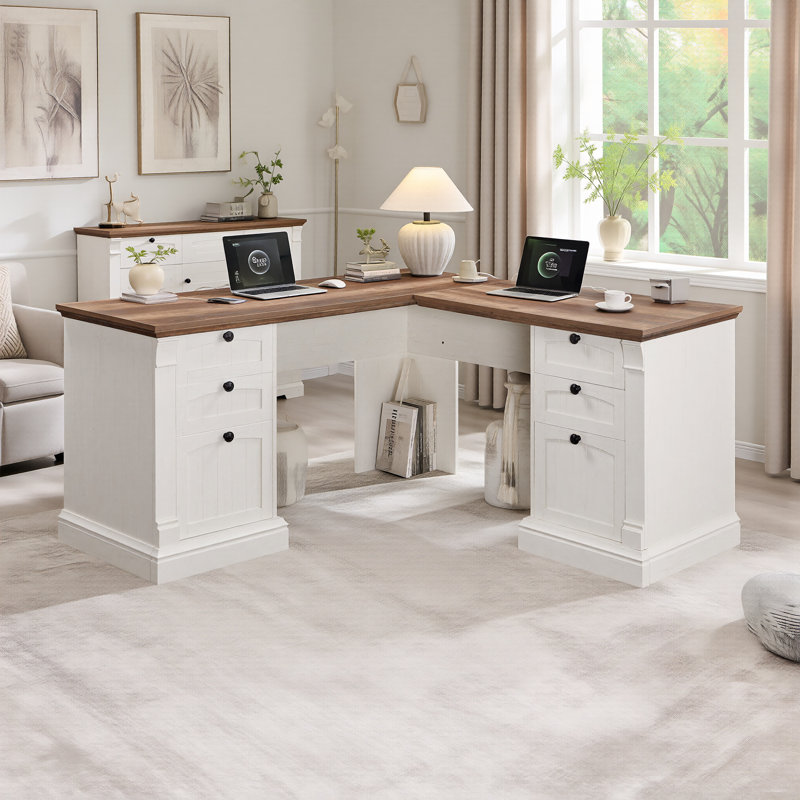 60" L Shaped Executive Desk with Drawers & Charging Station, Natural Oak/White