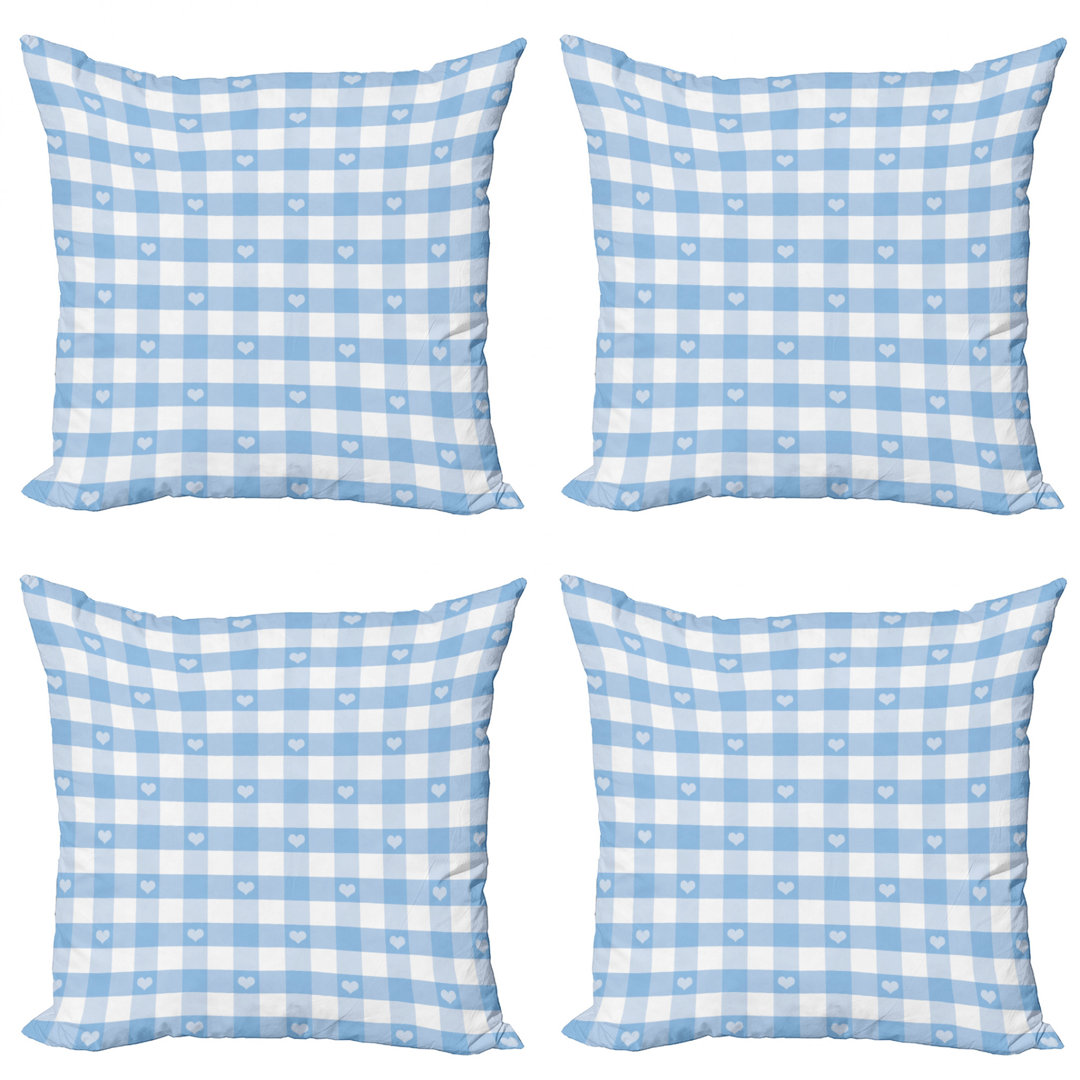 Checkered Throw Pillow Cushion Case Pack Of 4, Gingham Motif With Little Hearts Pastel Blue Baby Shower Kids Theme, Modern Accent Double-Sided Digital Printing, 24", Pale Blue White (Set of 4) Ambesonne 