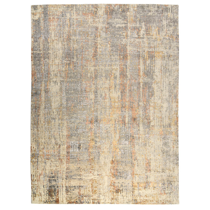 Tapis rectangulaire gris / beige en soie / laine noué à la main Rectangle Serena, Rectangle 9 pi x 12 pi