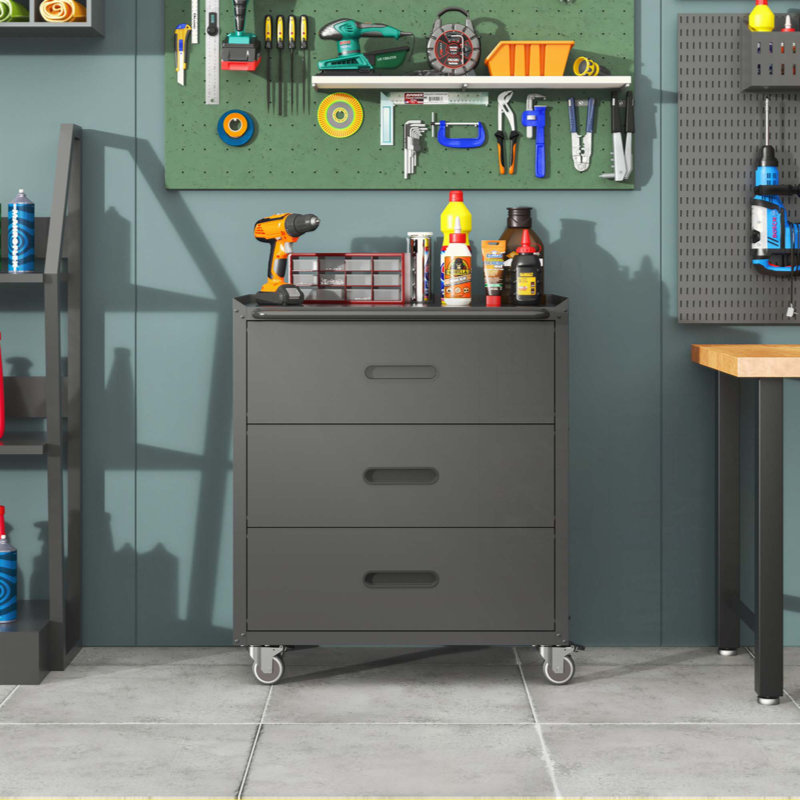 Armoire de rangement en métal robuste avec roulettes - Armoire à outils à 3 tiroirs pour les solutions de rangement de garage, de bureau et de maison